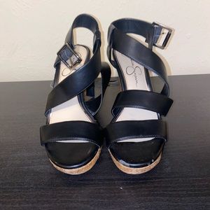 Jessica Simpson Black Leather Strappy Wedge
